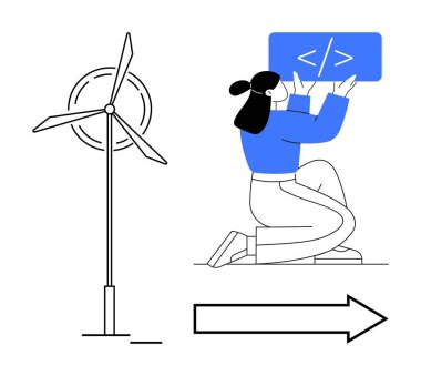Kadın kodlayıcı, rüzgar türbini ve okun yanında kod paneli tutuyor. Teknoloji için ideal, yeşil enerji, kodlama, yenilik, sürdürülebilirlik, yazılım geliştirme, basit iniş sayfası
