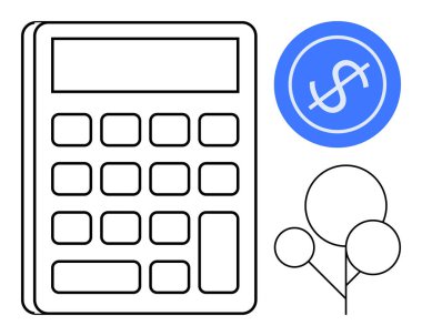 Sayısal tuşları olan hesap makinesi, mavi daireli dolar işareti, stilize ağaç. Finans, bütçe, muhasebe, vergilendirme, tasarruf sürdürülebilirliği iş büyümesi için idealdir. Basit düz metafor