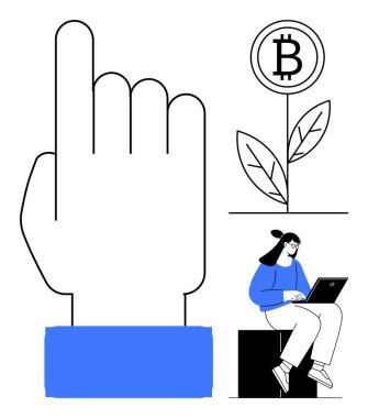 Büyük el işaretleri, kripto para büyümesini temsil eden Bitcoin bitkisi ve dizüstü bilgisayar kullanan bir kadın. Kripto para birimi, yatırım, dijital finans, teknoloji, ekonomi ve yenilikçilik için ideal