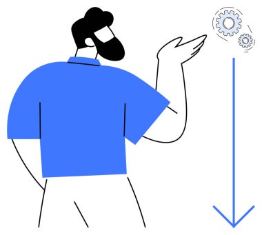 İnsan yukarıda vites mekanizmasına doğru hareket eder, verimliliği, iş akışını, sistemleri sembolize eder. Takım çalışması, proje planlaması, işbirliği, yenilik, liderlik stratejisi basitleştirme için ideal