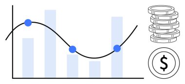 Vurgulanmış noktaları olan çizgi ve çizgi grafiği, madeni para yığını, kar, trend ve analitiği temsil eden dolar işareti. Finansal planlama, yatırım, ekonomi ve bütçe büyümesi için ideal