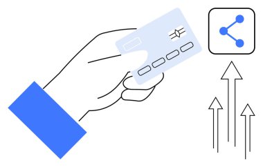 El ele tutuşan kredi kartları, paylaşılan ikonlar ve yukarı doğru oklar dijital ödemeleri, büyümeyi, finansal başarıyı, teknolojiyi, yeniliği, e-ticareti ve bağlantıyı sembolize ediyor. Fintech çevrimiçi için ideal