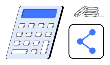 Mavi ekranlı hesap makinesi, parayı sembolize eden bozuk para yığını, bağlantı simgesi paylaşımı. Finans, bütçe, paylaşım, teknoloji, planlama, analiz için ideal