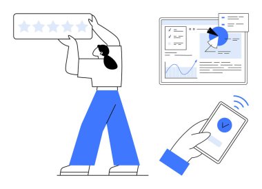 5 yıldızlı bir derecelendirme çubuğunu kaldıran kişi grafikleri ve pasta grafiklerini gösteren veri paneli ve işaretli bir akıllı telefon. Geribildirim, analitik, reyting, teknoloji, tatmin, mobil uygulamalar için idealdir.