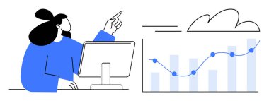Bir masada bulut simgesiyle bir çubuğu ve çizgi grafiğini gösteren kişi, veri analizini, büyümeyi temsil ediyor. İş, analitik, sunum, teknoloji, takım çalışması, strateji ve büyüme için ideal