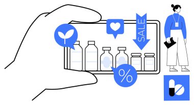 İlaç şişeleri, çevre dostu ikonlar, satış etiketleri ve indirimli semboller sergileyen akıllı telefonlar. Yanında çantası olan bir kadın var. E-ticaret, eczane, sağlık ve teknoloji için ideal