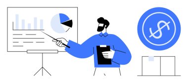 Panosu tahtaya bakan, grafikleri ve para simgesini gösteren profesyonel bir adam. İş analizi, finans, sunum, strateji, planlama, eğitim ve yatırım için ideal