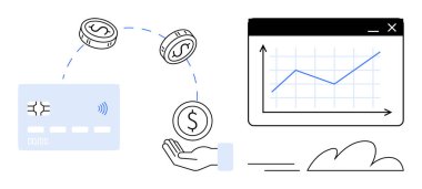 Kart ödemesi, eline geçen paralar, artan grafik ve bulut görüntüleri. Finans, bankacılık, yatırım, e-ticaret, dijital ekonomi bütçe fintech 'i için ideal. Basit düz metafor