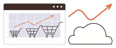 Tarayıcı pencere ızgarasında büyüyen alışveriş arabası boyutları ve yukarı doğru kırmızı grafik oku ve bulut. E-ticaret büyümesi, satış stratejisi, pazarlama analitiği, çevrimiçi iş, dijital trendler, başarı için ideal