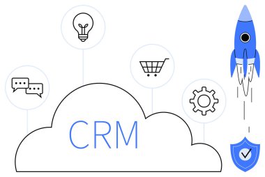 Mavi roket, kalkan, sohbet, ampul, alışveriş arabası ve dişlileri birleştiren CRM bulutu işbirliği, güvenlik, yenilik, verimlilik çevrimiçi alışveriş işi büyümesi basit düz