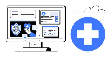 Bilgisayar ekranında tıbbi veri göstergesi, sağlık hesapları, grafikler, kalkan simgesi ve çapraz sembol var. Sağlık hizmetleri, teletıp, sigorta, veri güvenliği sağlık teknolojisi uygulamaları için ideal