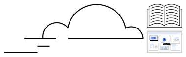 Hareketi gösteren çizgilerle minimalist bulut ana hatları bilgiyi sembolize eden açık kitap, analitik ve veri için dijital gösterge paneli. Teknoloji, eğitim, yenilik, bulut depolama, dijital için ideal