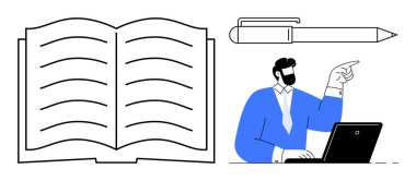 Satır, kalem ve takım elbiseli iş adamının dizüstü bilgisayarı işaret ettiği açık bir kitap. Eğitim, öğrenme, yazma, araştırma ve ofis iletişimi için ideal. Basit düz metafor