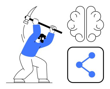 Beyin ve bağlantı simgesi ile kazma sallayan kişi, basit iniş sayfası için yenilik, çaba, yaratıcılık, işbirliği, teknoloji, veri madenciliği ve kaynak çıkarma temalarını betimliyor
