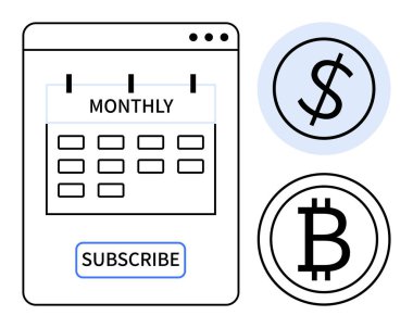 Aylık takvim, bir abonelik düğmesi, dolar işareti ve Bitcoin simgesi finansal işlemleri vurguluyor. Ödeme, abonelik, kripto para birimi, finans, hizmet e-ticaret için ideal