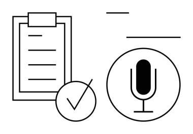 Kontrol listesi olan bir pano ve ses gösteren satırları olan bir mikrofon simgesinin yanında bir kontrol işareti. Üretkenlik, görev organizasyonu, ses kaydı, içerik oluşturma, iletişim, podcast için ideal