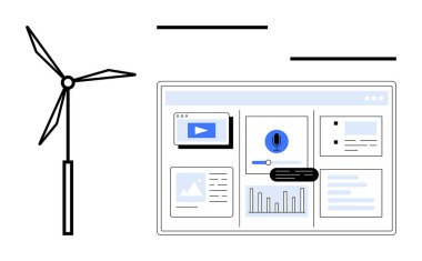 Dijital arayüzün yanında duran rüzgar türbini grafikleri, videoları, ses kontrollerini ve belgeleri gösteriyor. Sürdürülebilirlik, teknoloji, analitik, veri görselleştirme, enerji yeniliği için ideal