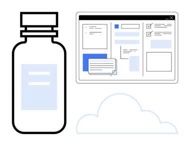 İlaç şişesi, bulut grafiği ve sağlık teknolojisini sembolize eden organize içeriğin dijital arayüzü. Teletıp, eczane yönetimi, veri depolama, hasta bakımı, tıbbi bakım için ideal