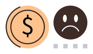 Üzüntülü yüz simgesi ve gri ilerleme çubuklarının yanında paranın içinde büyük dolar işareti var. Finans, ekonomik zorluk, memnuniyetsizlik, bütçe yönetimi, gelir düşüşü, ödeme gecikmesi, basit daire