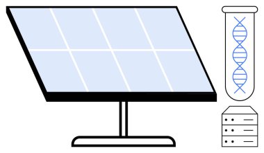 Güneş paneli temiz enerjiyi vurguluyor, DNA dizisi biyoteknoloji ve genetiği vurguluyor, sunucu yığını veri ve bilgisayar aktarıyor. Sürdürülebilirlik, yenilik, teknoloji ve enerji için ideal