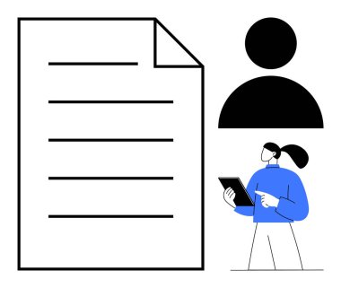 Büyük belge simgesi, kullanıcı avatarı ve inceleme için tablet tutan bir profesyonel. Belge yönetimi, çevrimiçi profiller, profesyonel değerlendirme, işbirliği, kullanıcı etkileşimi için ideal