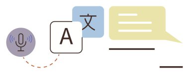 Konuşma mikrofonu, çeşitli betiklerle harf blokları ve metin baloncukları dili, iletişimi, teknolojiyi ve küresel bağlantıyı sembolize ediyor. Eğitim, yapay zeka ve dil erişilebilirliği için ideal