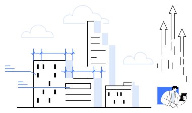 İnşaat halindeki modern binalar, ilerleme çizelgeleri ve yükselen eğilimleri gösteren oklar. Mimarlık, kentsel planlama, iş büyümesi, yenilik, analiz, takım çalışması için ideal basit düz metafor