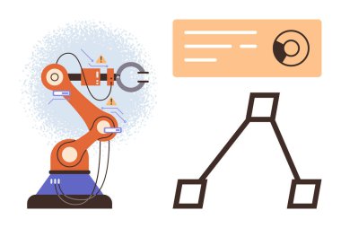 Veri ekranı ve dallanma diyagramı olan robot kol. Teknoloji, otomasyon, robot bilimi, yapay zeka, mühendislik, imalat, veri görselleştirme, basit düz metafor