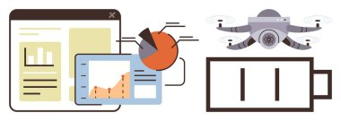 Analitik gösterge paneli, grafikler, pasta grafiği ve bir pil simgesinin üzerinde İHA. Teknoloji, yenilik, enerji yönetimi, araştırma, otomasyon veri görselleştirme verimliliği için idealdir. Basit düz