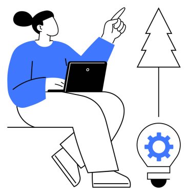 Bir dizüstü bilgisayarla oturan ve ağaç ikonlarına ve dişli ampullere doğru bakan biri. Yenilik için ideal, sürdürülebilirlik, eko-bilinç, problem çözme, ilerleme, strateji