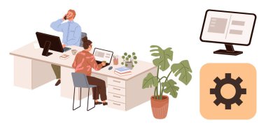 İki meslektaş bitişik masalarda dizüstü bilgisayarlarıyla çalışıyorlar, etrafı bitkiler ve ofis dekorlarıyla çevrili. Yakınlarda, bir monitör ve çark dijital araçları ve sistem optimizasyonunu temsil eder. Takım çalışması için ideal