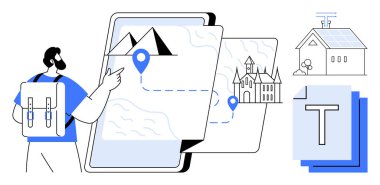 Sırt çantalı gezgin dijital tablette dağ, kale ve güneş enerjisiyle çalışan evleri gösteriyor. Seyahat, turizm, navigasyon, sürdürülebilirlik, teknoloji, basit iniş sayfası planlama için ideal