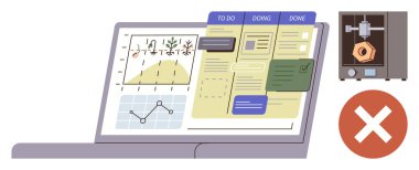 Görev yönetimi tahtasını gösteren dizüstü bilgisayar, proje analizleri ve iptal işaretli bir 3D yazıcı. Üretim, planlama, proje yönetimi, iş akışı, analitik ve imalat görevi için ideal
