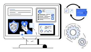 Tıbbi verileri, sigortayı, analitiği ve ödeme seçeneklerini vites ve finansal akışla gösteren bilgisayar ekranı. Sağlık, teknoloji, finans, otomasyon, yenilik veri yönetimi için ideal