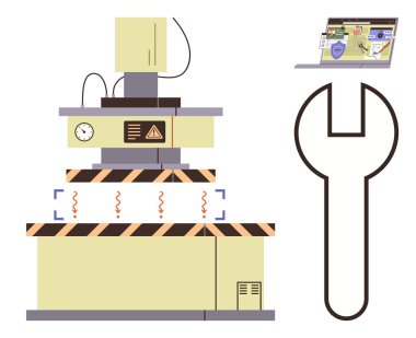 Devasa bir ingiliz anahtarı ve dijital izleme panelinin yanında uyarı işaretleri olan endüstriyel makineler. Endüstri, bakım, güvenlik, otomasyon, teknoloji, araçlar için ideal