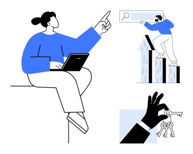 Dizüstü bilgisayardaki profesyonel analiz verileri, bireysel tırmanma grafiği okları ve el ele tutuşan anahtarlar. Takım çalışması, liderlik, büyüme, içgörü, fırsat, problem çözme odaklı başarı için ideal