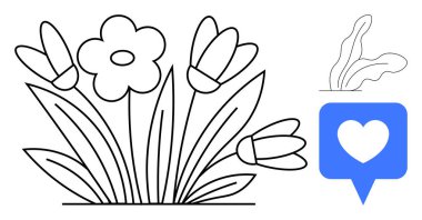 Lale ve yapraklı çiçek buketi, mavi kalp uyarı balonu. Doğa bakımı için ideal, ilkbahar, takdir, pozitiflik, çevre sevgisi, çevrimiçi varlık, basit düz metafor