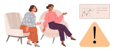 Sandalyeye oturmuş iki kadın veri eğilimlerini gösteren bir tabloyu incelerken, bir uyarı sembolü de vurgu yapıyor. Takım çalışması, işbirliği, risk değerlendirmesi, iletişim, analitik, sorun çözme için ideal