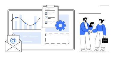 İş adamları el sıkışıyor, e-posta ve kontrol listesi olan grafikler, iş akışı için vites sembolü. Takım çalışması, analitik, organizasyon, ortaklık, proje planlaması, işbirliği için ideal