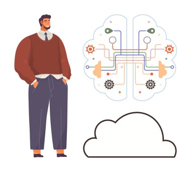 İnsan beyin diyagramını gözlemler ve bir buluta hizalanmış devreler, dişliler ve simgelerle sinirsel bağlantılar gösterir. Yaratıcılık, yenilik, yapay zeka, veri, bulut hesaplama teknolojisi için ideal. Basit.