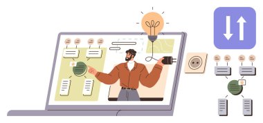 Laptop ekranında sürdürülebilir enerji kavramları sunan adam sohbet baloncukları, diyagramlar, ampul ve fişi takıyor. Teknoloji, yenilik, sürdürülebilirlik, eğitim, uzak çalışma beyin fırtınası için ideal