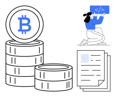 Bitcoin para yığınları, kodlama üzerinde çalışan kadın ve işlem kayıtlarını sembolize eden belgeler. Kripto para birimi, programlama, fintech, engelleme zinciri, dijital cüzdanlar, kodlama eğitimi için ideal