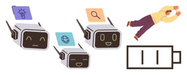 Ampul, arama ve internet ikonlarına sahip robotlar etkili bir şekilde çalışır. Bitkin bir insan enerjisinin tükendiğini sembolize eden zayıf bir bataryanın yanına düşer. Otomasyon için ideal, verimlilik, yorgunluk, iş yükü yapay zekası