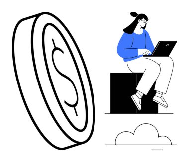 Blokta oturan bir kadın dizüstü bilgisayarında büyük paraların yanında oturuyor. Bulanık bir geçmişi var. Uzak çalışma, dijital ekonomi, serbest ticaret, finansal büyüme, çevrimiçi girişimcilik, yatırım, basit