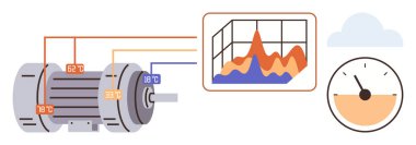 Performans verilerini, hız göstergesini ve bulut entegrasyonunu gösteren grafiğe bağlı elektrik motoru. Yenilik, teknoloji, mühendislik, izleme, optimizasyon için ideal