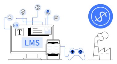 LMS ile bilgisayar ekranı, araçlar için simgeler, içerik, gamifikasyon, mobil öğrenme, endüstriyel ve finansal kavramlara bağlı. E- öğrenim, eğitim, eğitim yenilikçiliği verimliliği için ideal