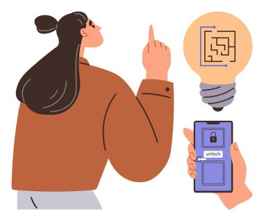 İçinde labirent olan parlayan bir ampulü işaret eden bir kadın, kilidi açık bir akıllı telefonun üstünde tutuluyor. Yenilik, teknoloji, problem çözme, yaratıcılık, öğrenme, strateji akıllı çözümler için idealdir. Basit.