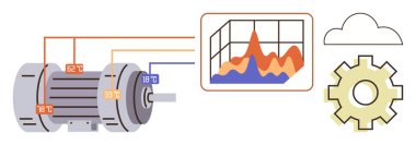 Analitik gösterge paneline, teçhizata ve bulut servisine bağlı elektrik motoru. Otomasyon için ideal, IoT, optimizasyon, veri analizi, enerji verimliliği, fabrika izlemesi basit düz metafor