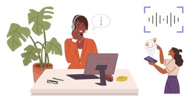 Tabletteki interaktif haritaya işaret eden bilgisayar, bitki ve gözlük kullanıcısı ile masada konuşan kulaklık aracılığı ile destek temsilcisi. İletişim, teknoloji, takım çalışması, müşteri hizmetleri için ideal