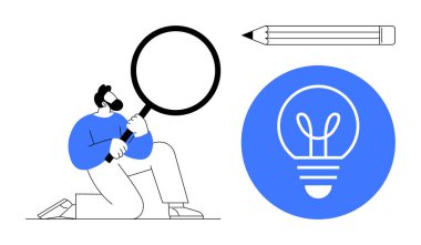 Adam elinde büyüteç tutarken diz çöküyor, kalem yakınlarda dinleniyor ve parlak ampul ikonu fikirleri sembolize ediyor. Araştırma, yaratıcılık, öğrenme, yenilik, beyin fırtınası ve eğitim için ideal